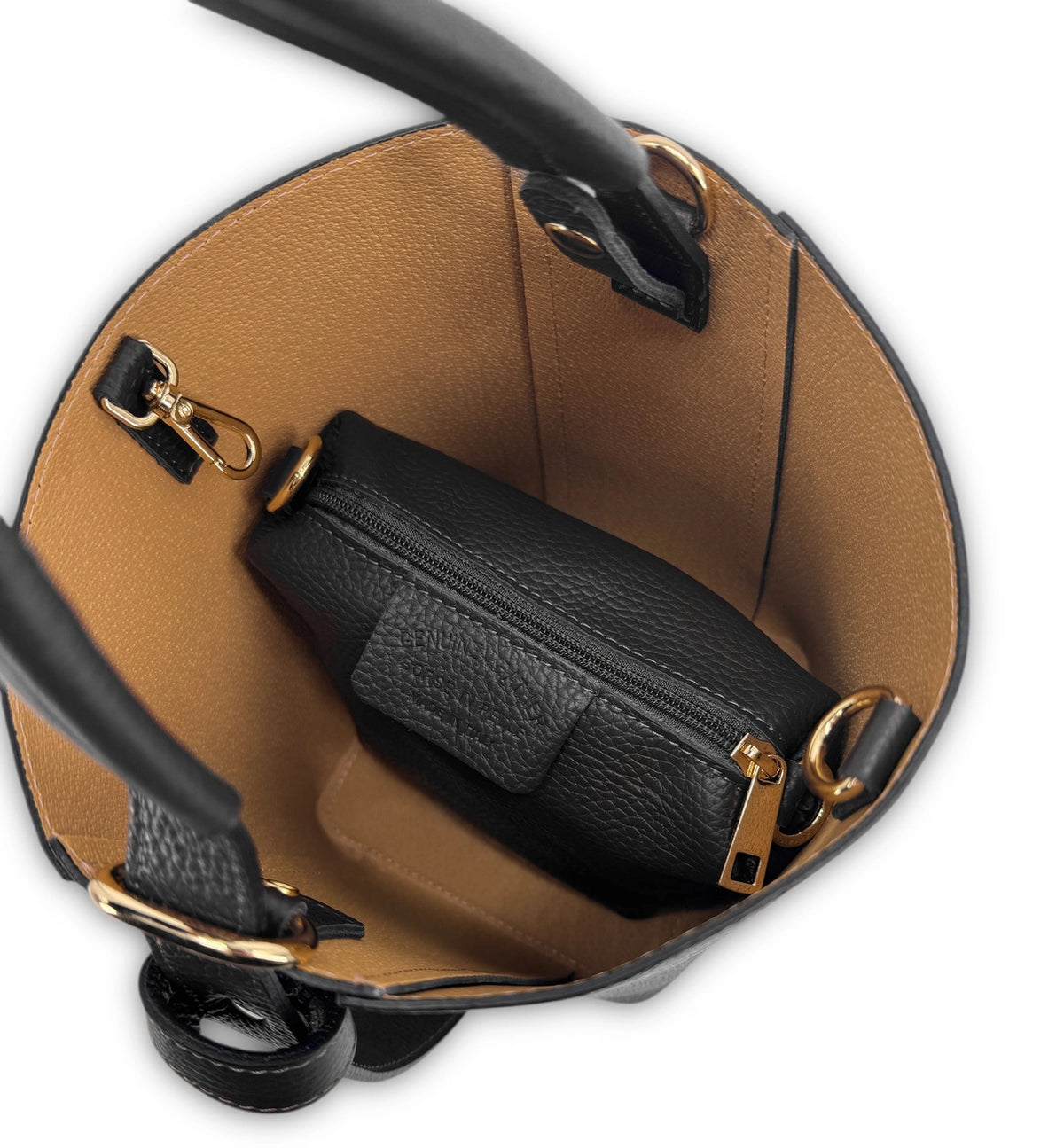 Beuteltasche und Clutch aus genarbtem Leder BIRDIE Schwarz und Dunkeltaupe