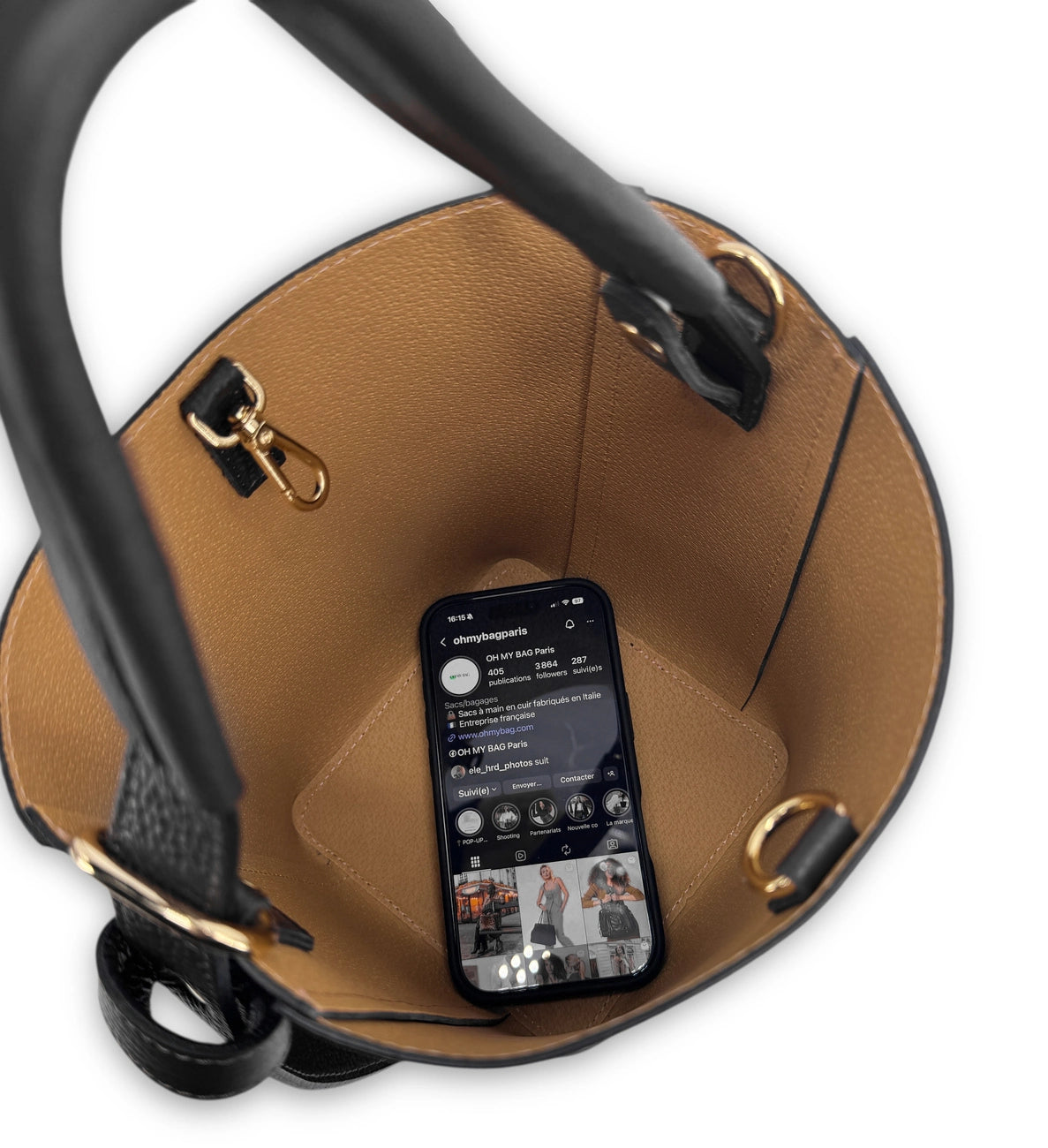 Beuteltasche und Clutch aus genarbtem Leder BIRDIE Schwarz und Dunkeltaupe