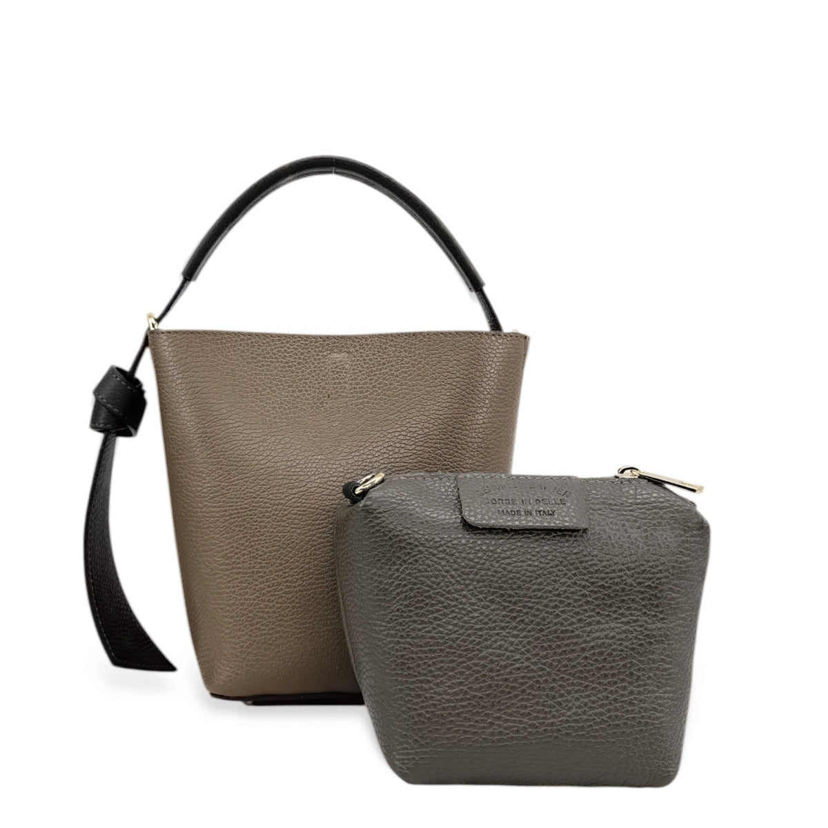 Beuteltasche und Clutch aus genarbtem Leder BIRDIE Schwarz und Dunkeltaupe