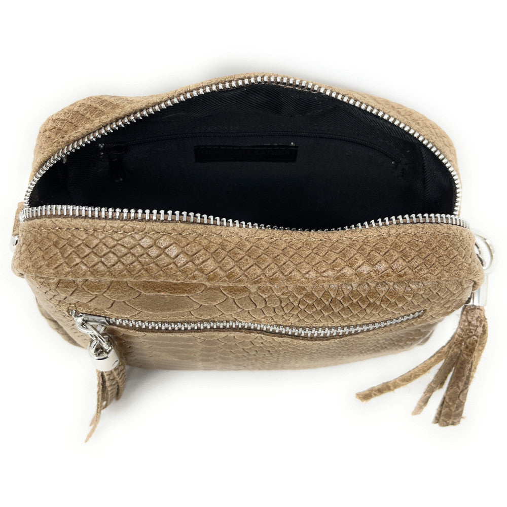 Sac trotteur à bandoulière en cuir embossé SEVILLA ZOO Taupe foncé