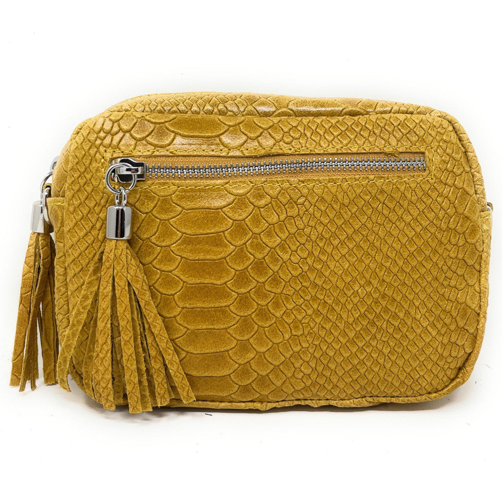 Sac trotteur à bandoulière en cuir embossé SEVILLA ZOO Jaune Moutarde