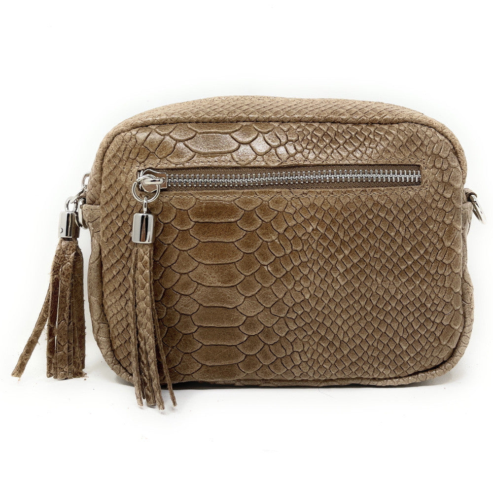 Sac trotteur à bandoulière en cuir embossé SEVILLA ZOO Taupe foncé