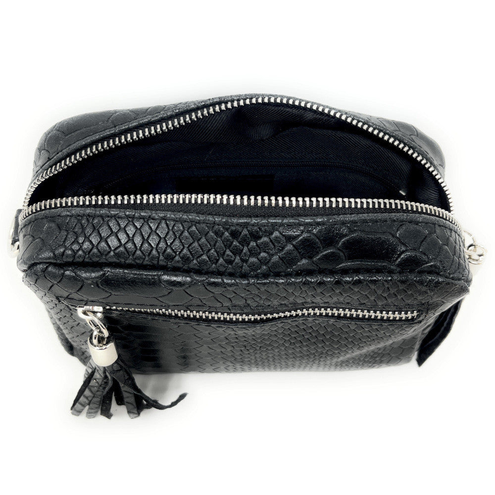 Sac trotteur à bandoulière en cuir embossé SEVILLA ZOO Noir