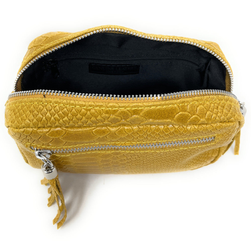 Sac trotteur à bandoulière en cuir embossé SEVILLA ZOO Jaune Moutarde