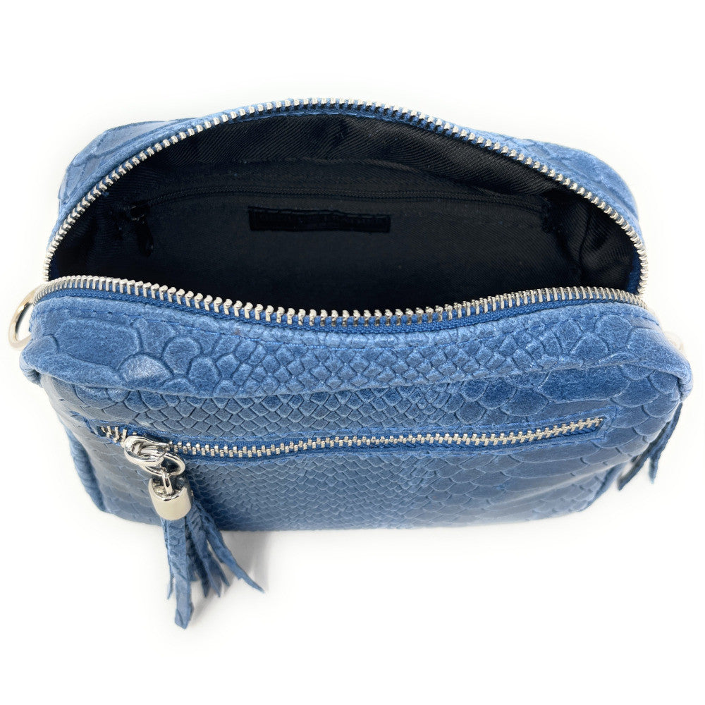 Sac trotteur à bandoulière en cuir embossé SEVILLA ZOO Bleu