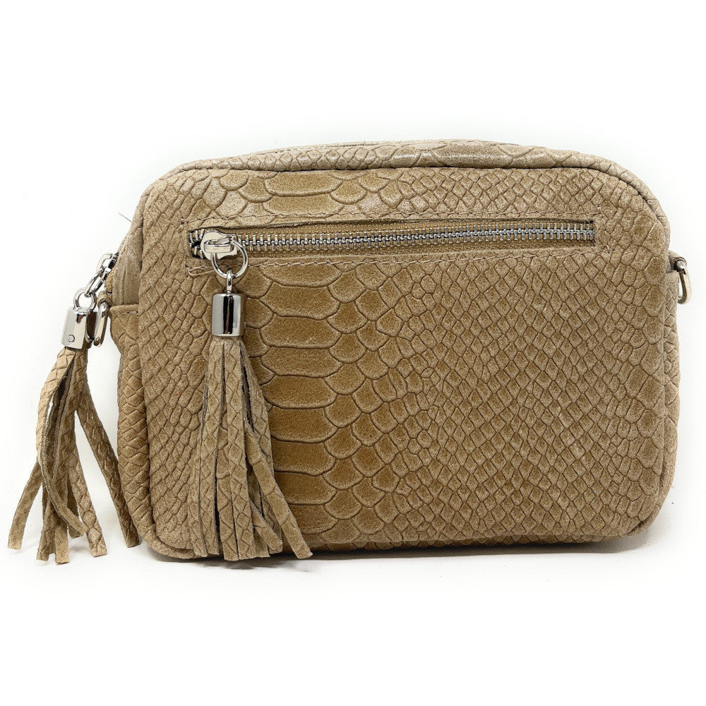 Sac trotteur à bandoulière en cuir embossé SEVILLA ZOO Taupe