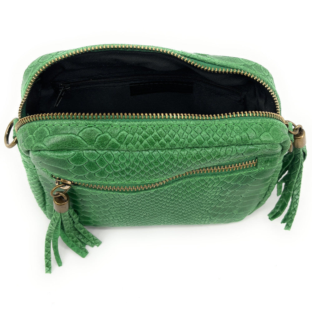 Sac trotteur à bandoulière en cuir embossé SEVILLA ZOO Vert anglais