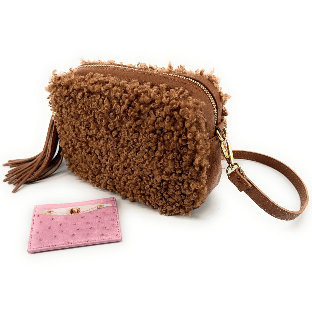 Sac trotteur en cuir et peluche SEVILLE PILOU Camel foncé