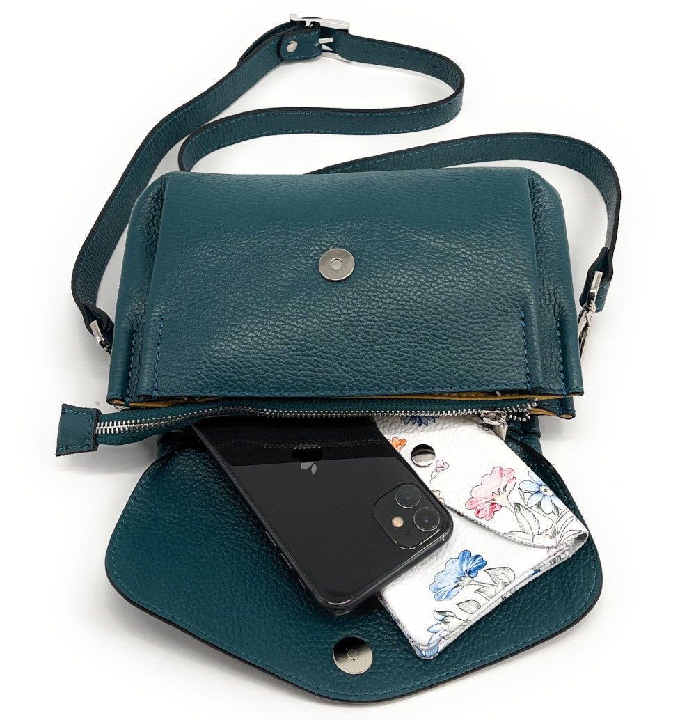 Sac trotteur en cuir grainé ORIGAMI Bleu vert canard