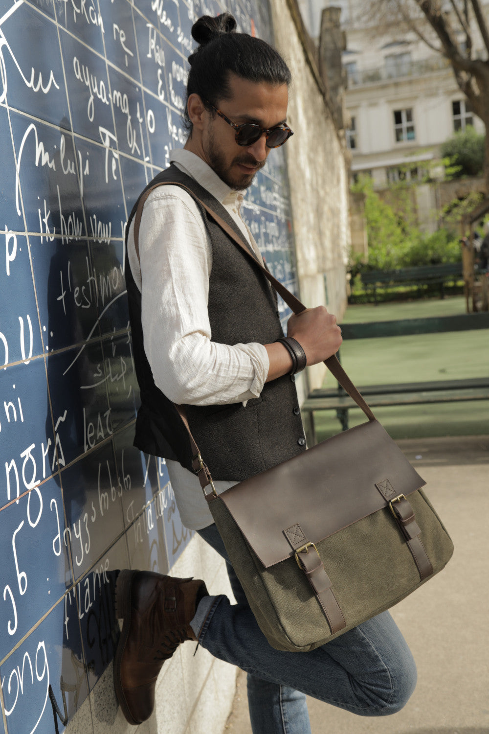Sacoche cuir et toile CANCUN Vert olive