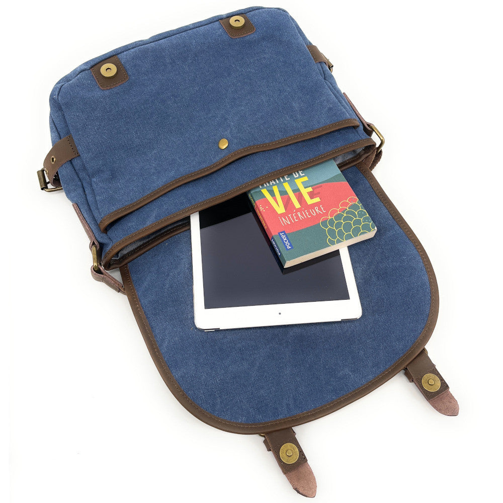 Sacoche cuir et toile PAPEY Bleu denim