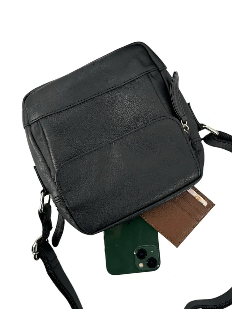 Sacoche homme à bandoulière en cuir lisse KID Noir