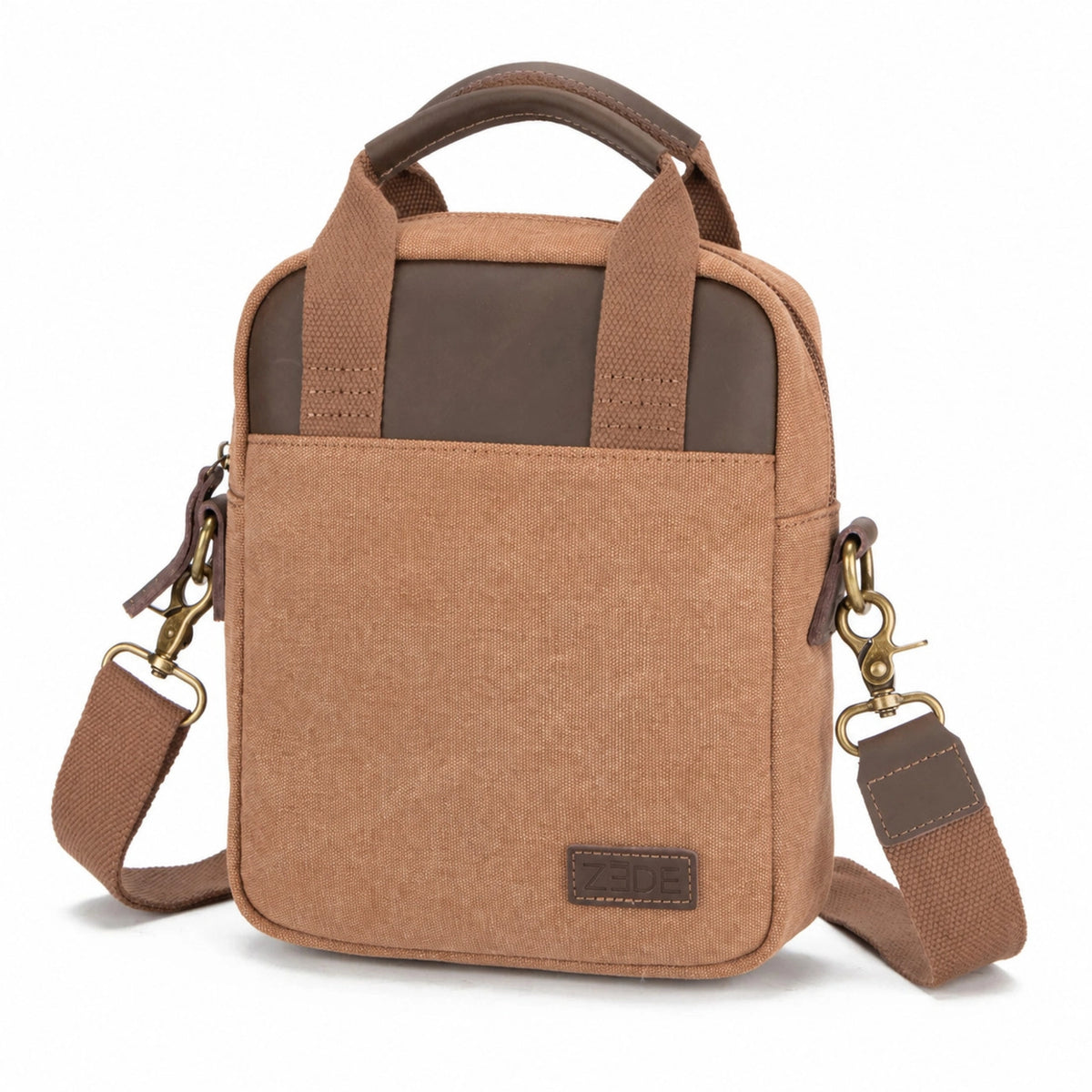 Bolso bandolera de lona y piel VANEAU – Marrón camel oscuro
