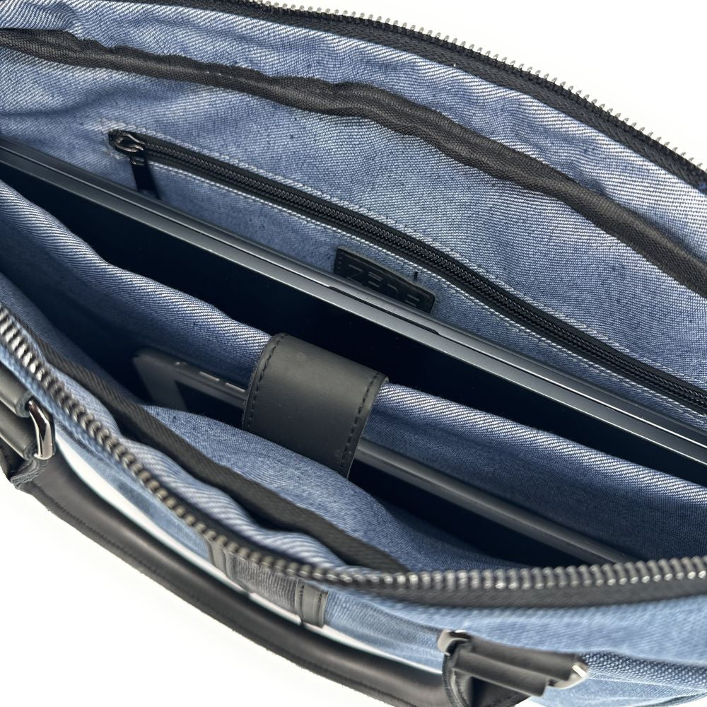 Sacoche ordinateur en toile et cuir TAIPEI Bleu denim