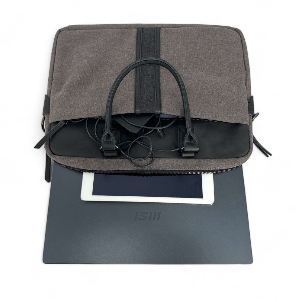 Sacoche ordinateur en toile et cuir TAIPEI Gris pigeon