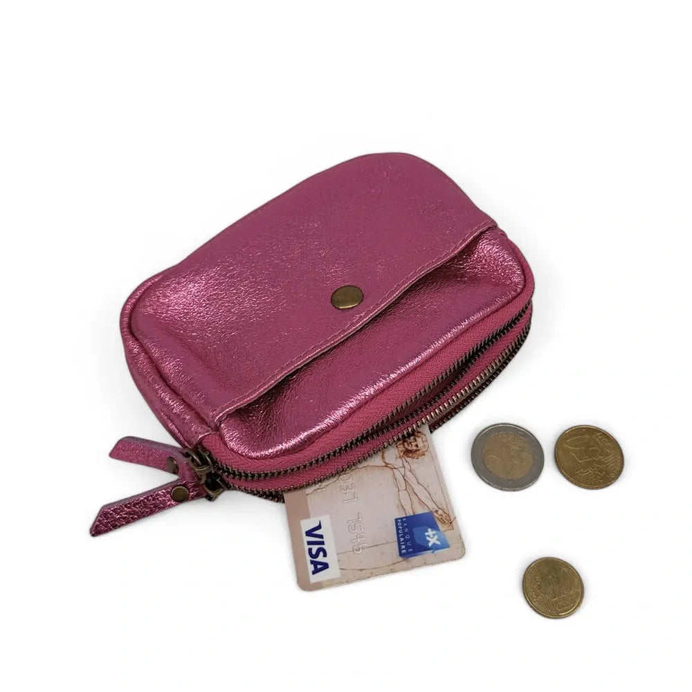 Pochette porte-monnaie en cuir irisé ZIPPY Rose néon