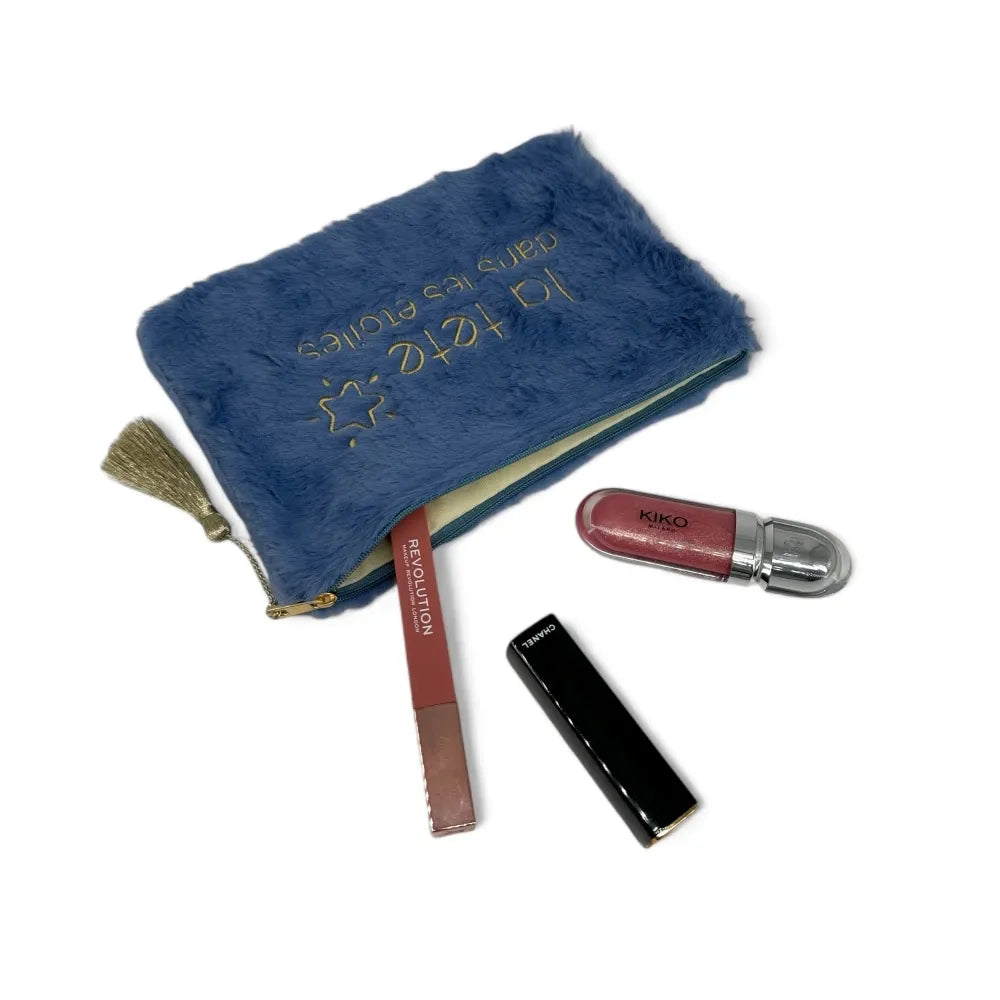 Trousse pochette en fausse fourrure FLUFFY STAR Bleu denim