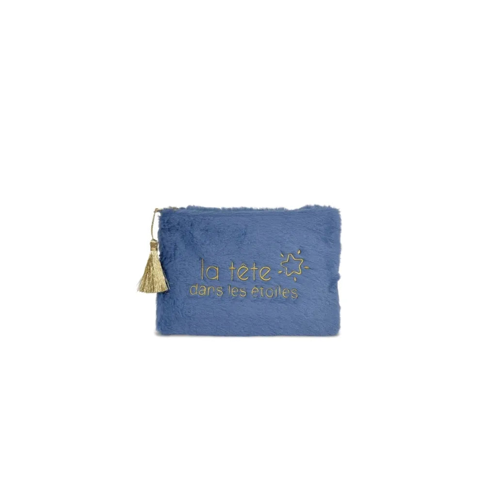 Trousse pochette en fausse fourrure FLUFFY STAR Bleu denim