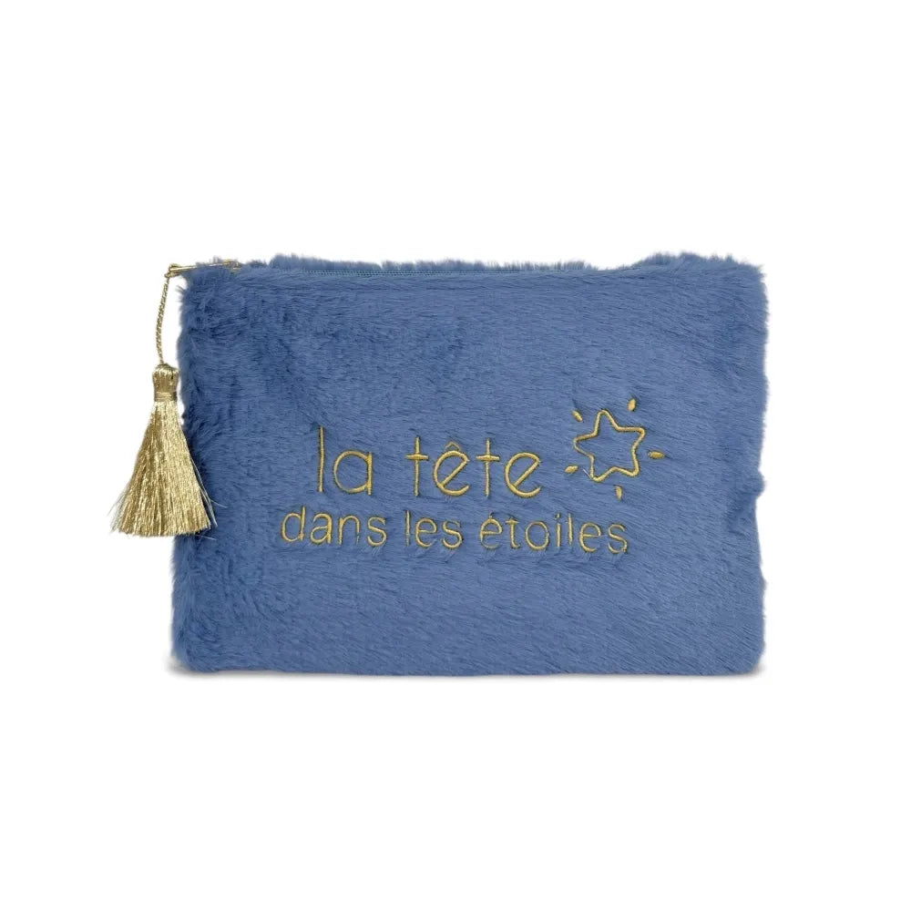 Trousse pochette en fausse fourrure FLUFFY STAR Bleu denim
