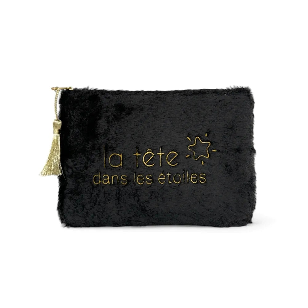 Trousse pochette en fausse fourrure FLUFFY STAR Noir