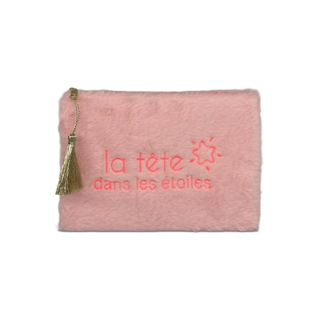 Trousse pochette en fausse fourrure FLUFFY STAR Rose pâle