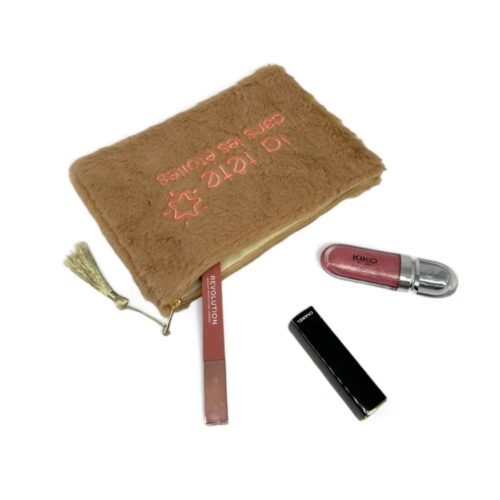 Trousse pochette en fausse fourrure FLUFFY STAR Taupe