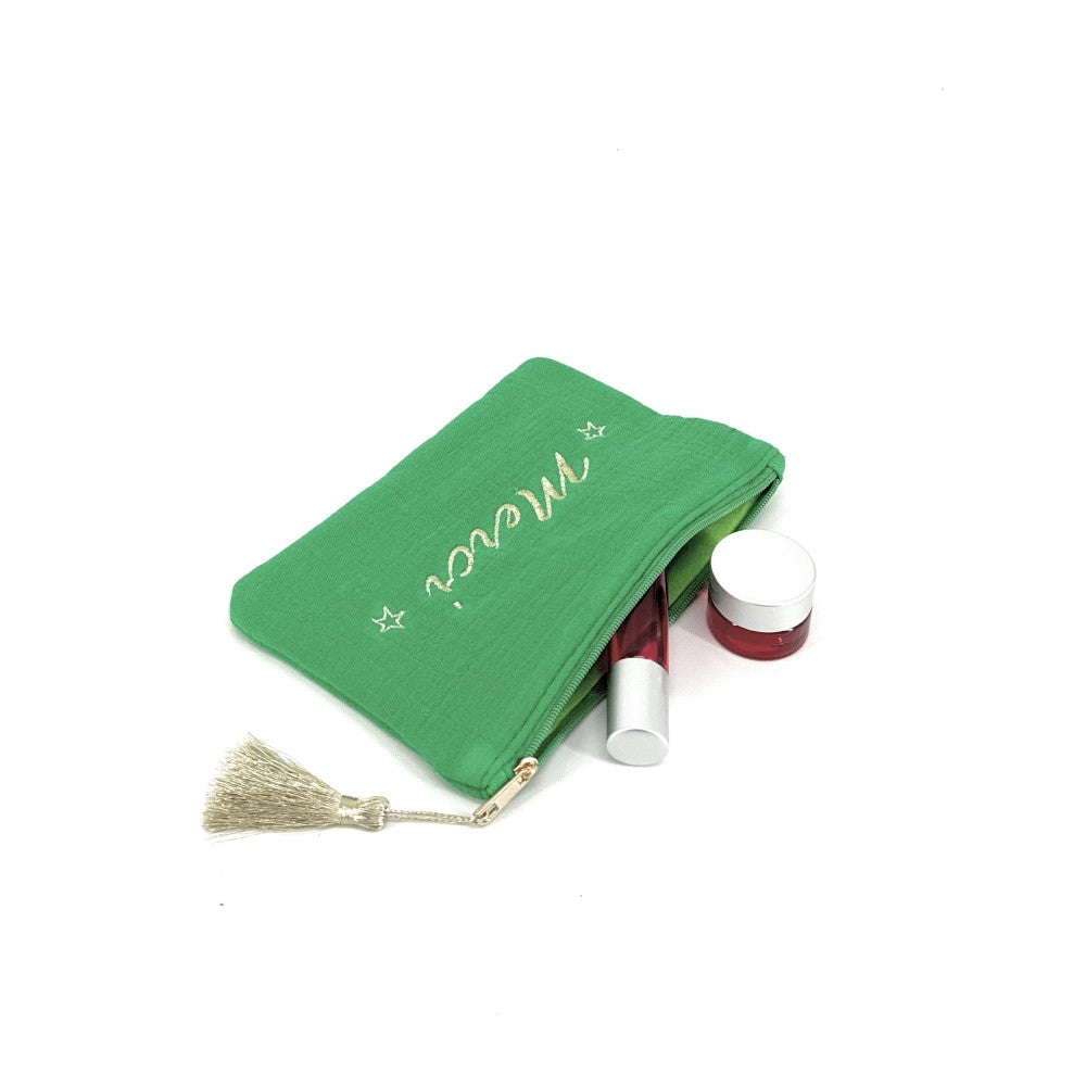 Trousse pochette en gaze de coton COCOON Merci Vert anglais