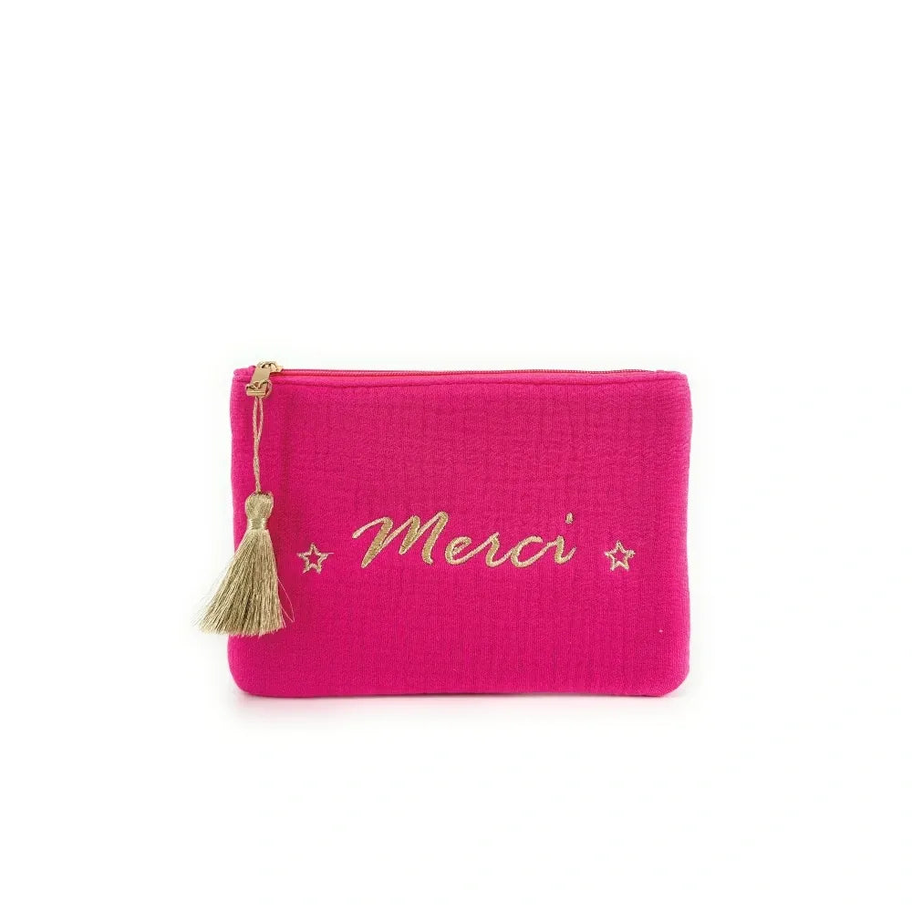 Trousse pochette en gaze de coton COCOON Merci Rose fuchsia