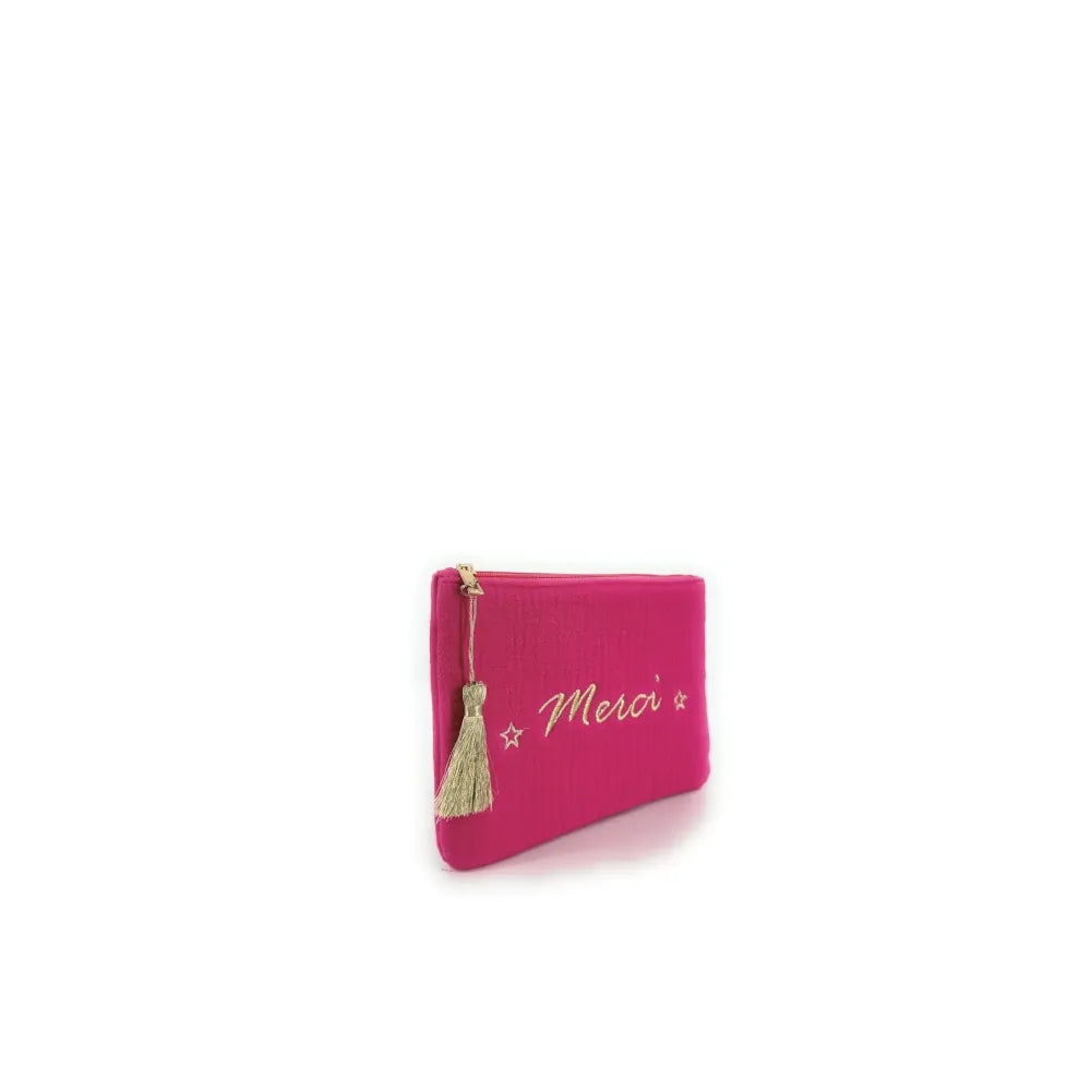 Trousse pochette en gaze de coton COCOON Merci Rose fuchsia