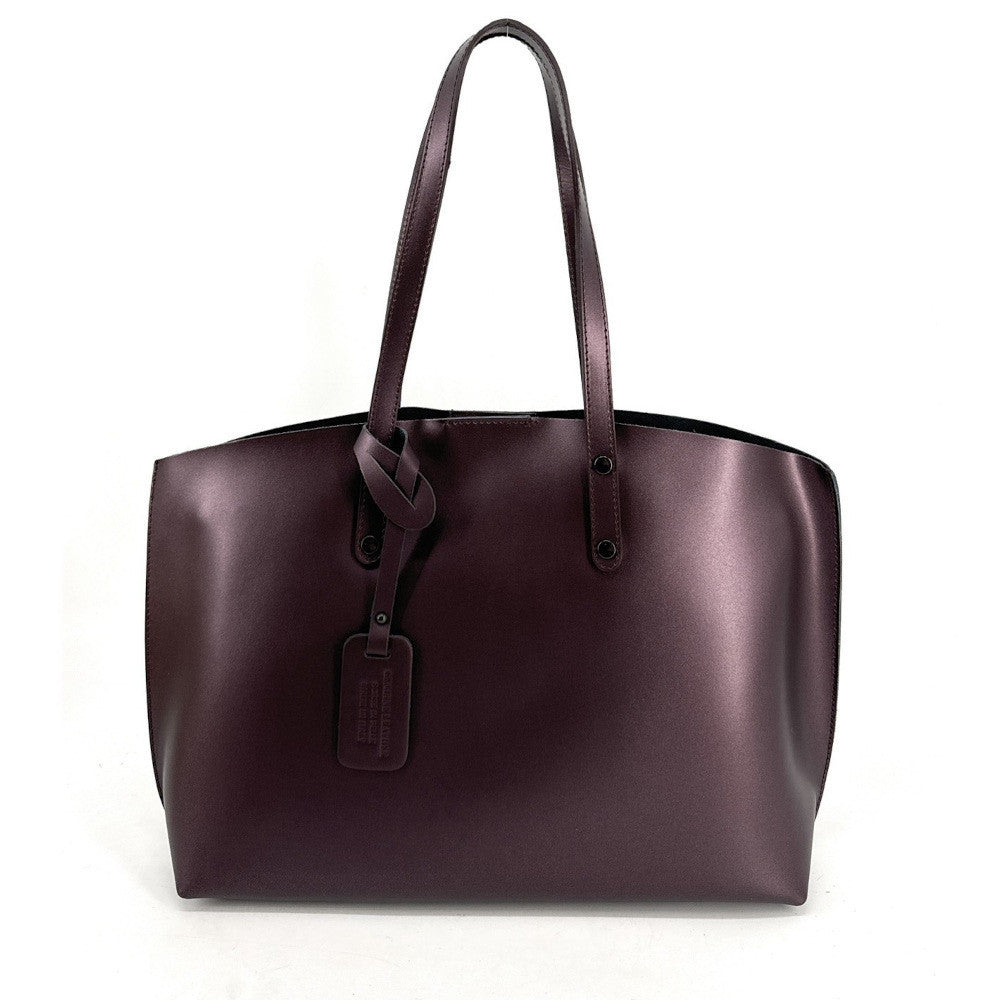 Grand sac cabas en cuir lisse VINCENNES Bordeaux irisé