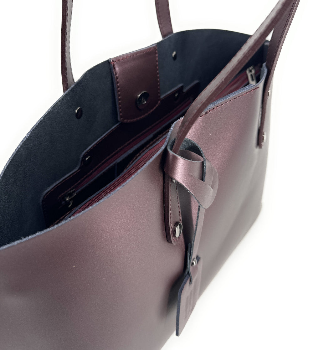 Grand sac cabas en cuir lisse VINCENNES Bordeaux irisé