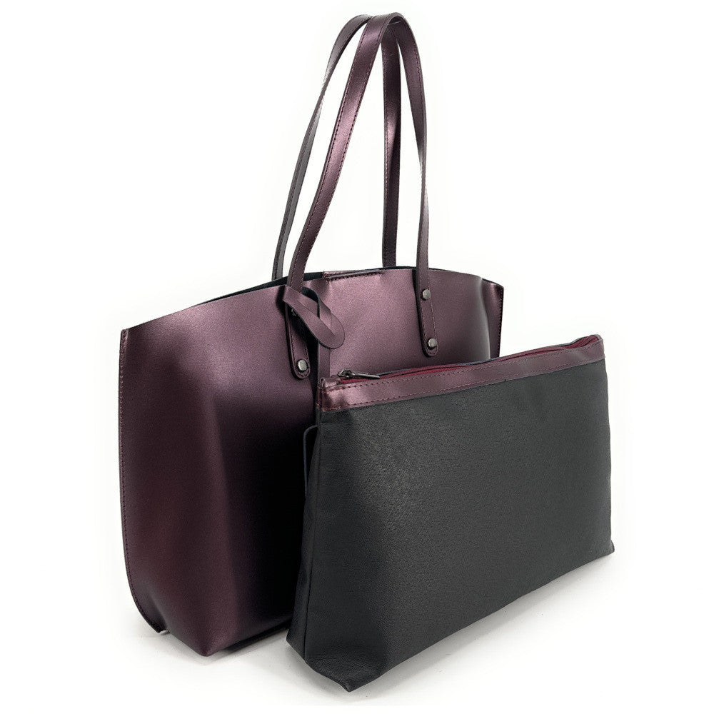 Grand sac cabas en cuir lisse VINCENNES Bordeaux irisé