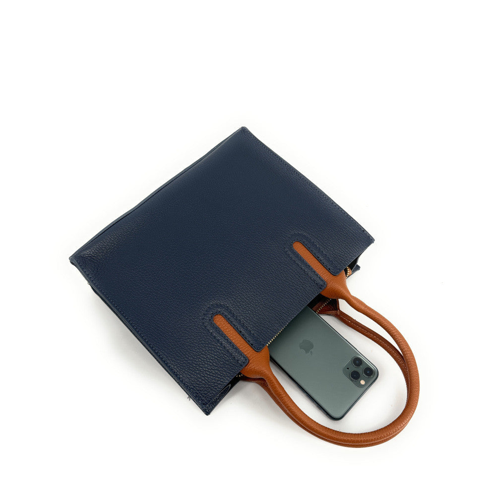 Sac cabas en cuir grainé VOLTAIRE Bleu marine